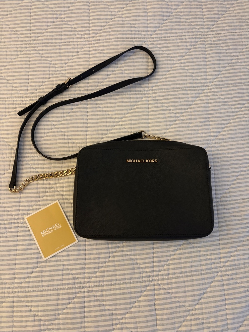 Michael Kors Black Saffiano Crossbody with Gold Chain